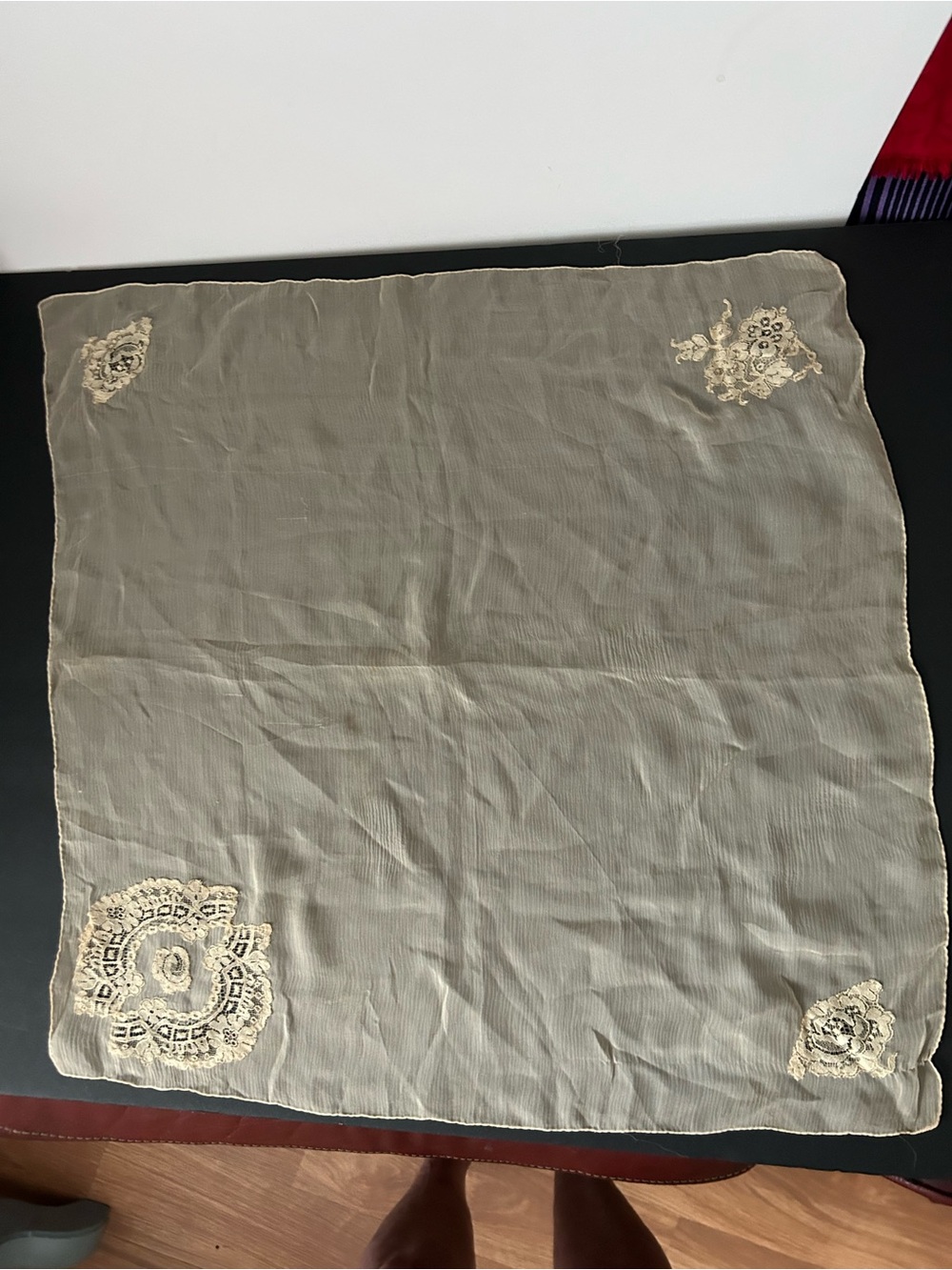 Delicate Cream Lace Applicate  Silk Scarf Vintage